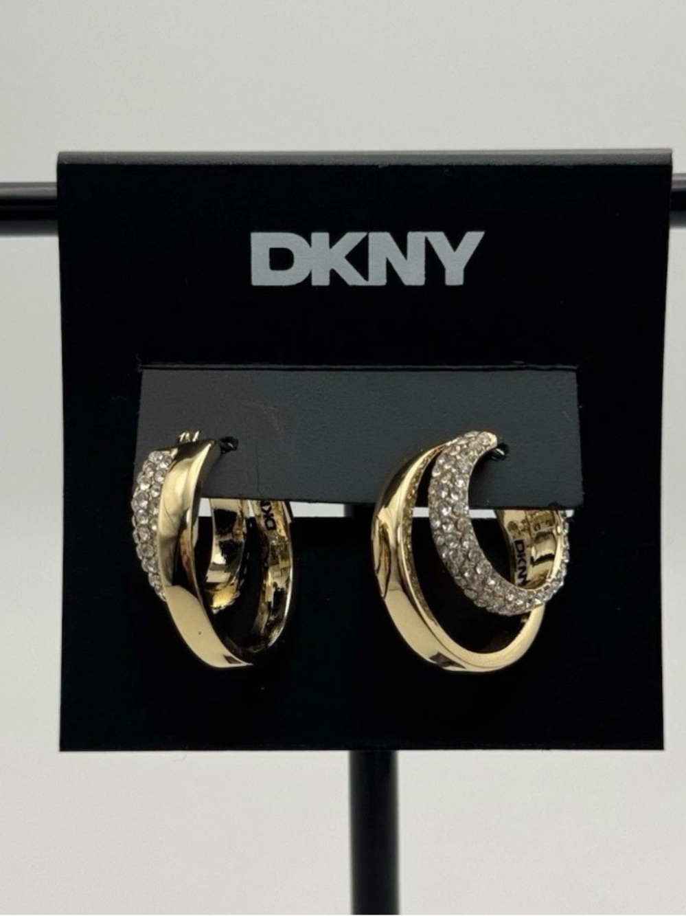 DKNY Gold and Clear Crystal Double Hoop Earrings